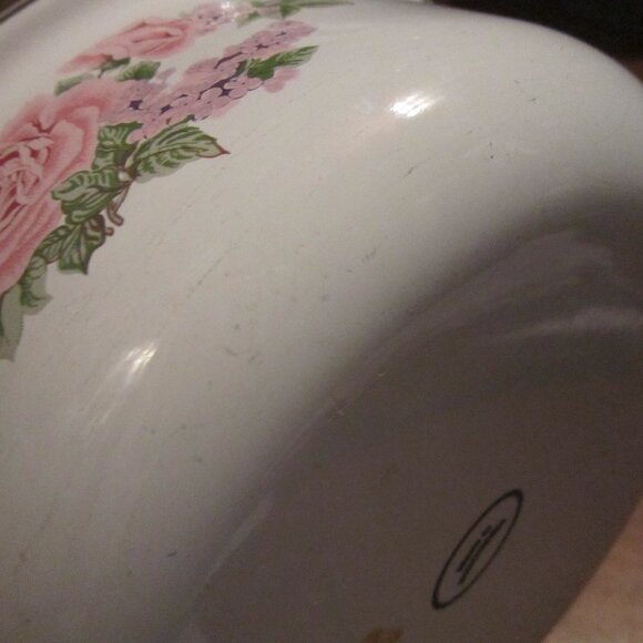 Vintage Pink and Purple Floral Enamel Bowl, White/ Silvertone Farmhouse Chic - Picture 12 of 14